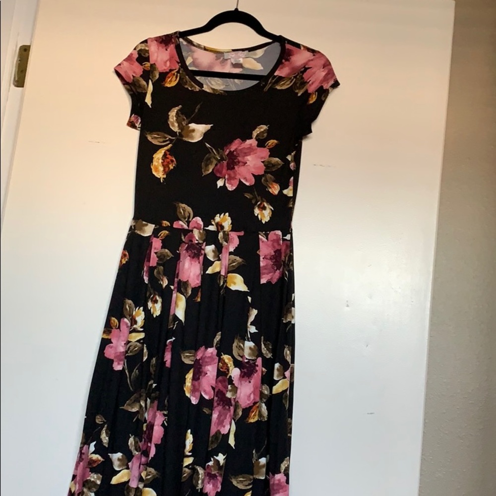 Black dress with purple-pink flowers